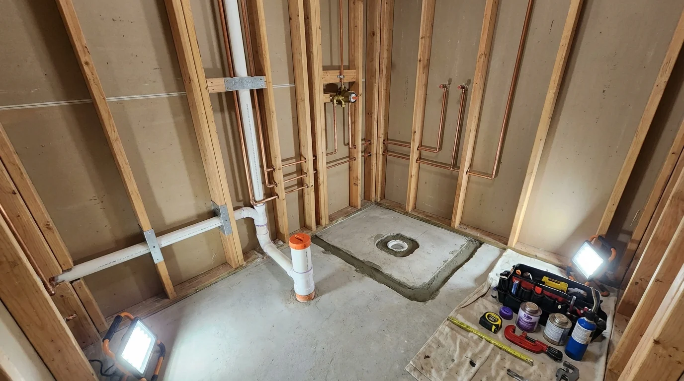Bathroom rough-in plumbing during remodel by Johns Plumbing LLC in West Columbia