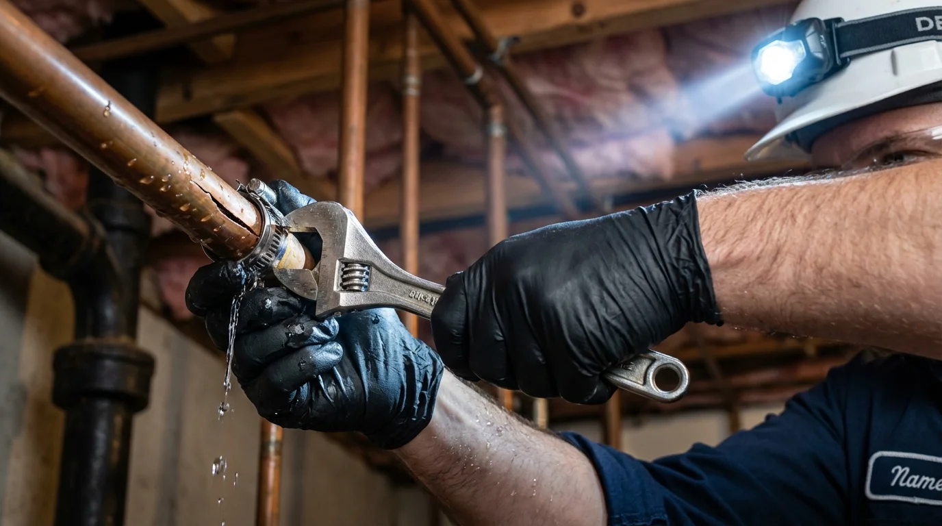 Emergency pipe clamp repair being performed by a Johns Plumbing LLC plumber in West Columbia
