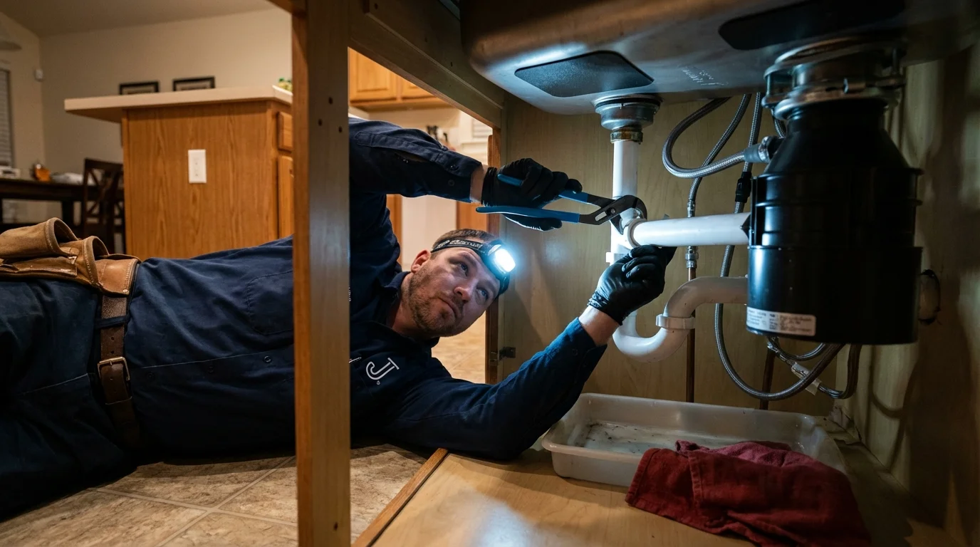 P-trap and supply line connections under a kitchen sink showing a common leak point in West Columbia, SC